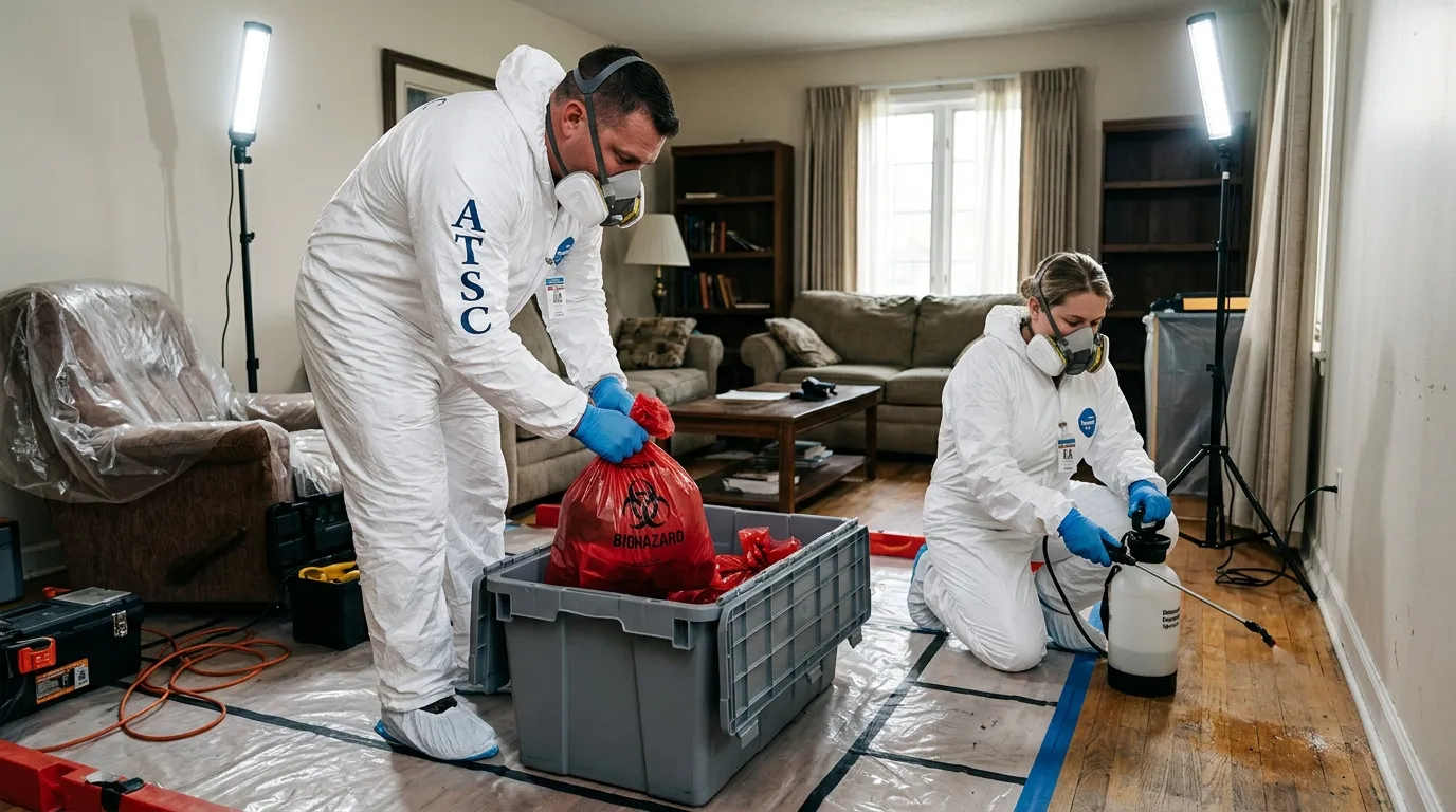 Professional Biohazard Cleanup technician in full PPE working in Ranchettes